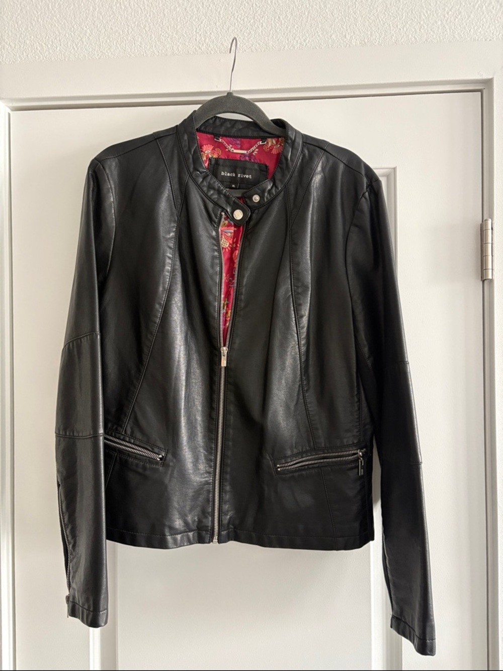 Bisou Bisou Black Leather Collar Snap Zip Jacket